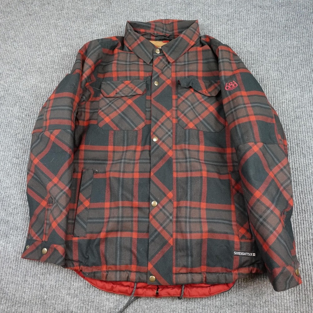 686 Woodland Flannels Ski Jacket Mens Medium Red Hooded Insulated 10K L8W110